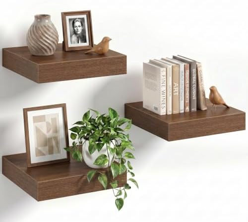 8" Long x 8" Deep Floating Shelves for Wall, Set of 3, 1.5" Thick, Walnut
