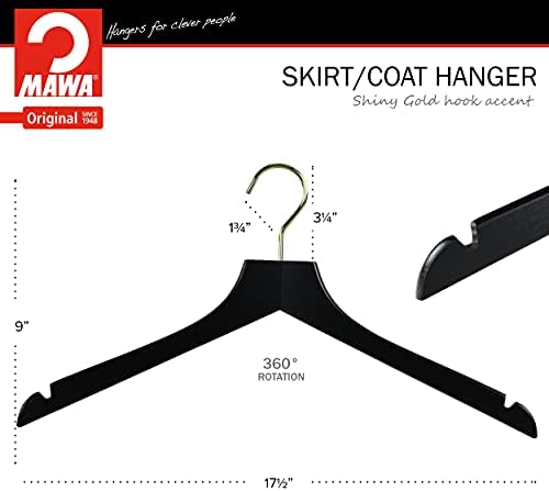 MAWA by Reston Lloyd, European Wooden Hanger, Beech Wood Straight Hanger with Shoulder Notches, Rotating Gold Hook, Blac