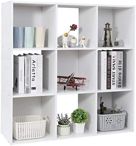 SUPER DEAL 9 Cube Storage Organizer 11 inch Cube Storage Shelf 3 x 3 Wood Bookcase Display Bookshelf with 5 Removable Ba