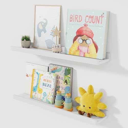 Acovy Solid Ash Wood Picture Ledge Shelf, 24 Inch, White, Set of 2