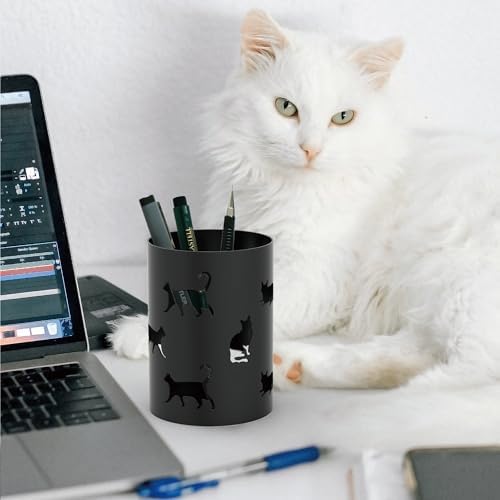 Mango Steam Metal Pen Holder, Makeup Brush Cup Organizer for Office, Bathroom, Vanity (Black, Cat)