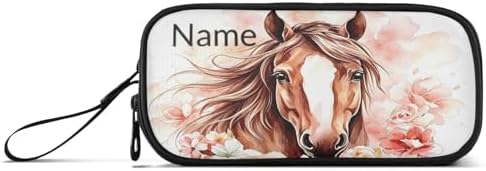 Custom Brown Horse Flower Pencil Case Box Boys Girls Personalized Name Large Pencil Pouch Stationery Pen Bag Organizer for Kids Adults School Office