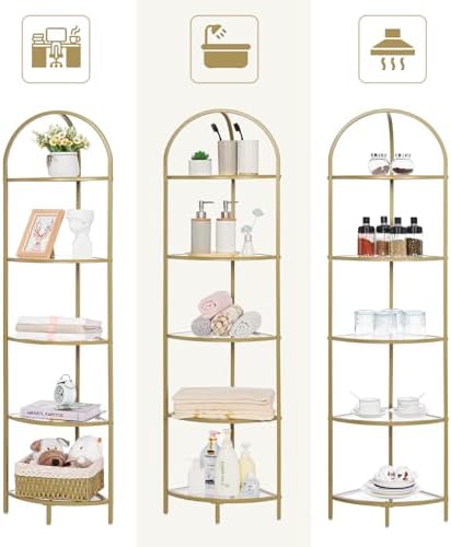 Homhedy 5-Tier Gold Corner Shelf Stand, Metal Corner Bookshelf