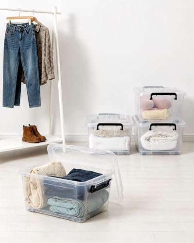 EOENVIVS 13L Storage Bins with Lids, 4 Pack Clear Storage Containers with Lids, Stackable Storage Boxes with Wheels, Org