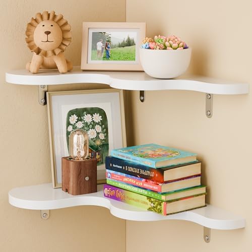 Cute Cloud Corner Shelves - Set of 2 White Wooden Floating Corner Shelves Wall Mounted, 90-Degree Space-Saving Nursery S