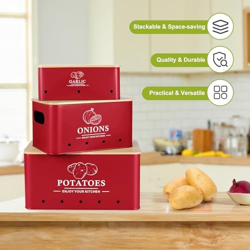 Kitchen Vegetable Storage Set of 3, Metal Onion Garlic Potato Storage Set, Kitchen Canisters Vegetable Keeper Containers