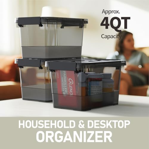 6 Pack Clear Black Plastic Storage Bins with Lids and Handles, Stackable Organizer Small Latch Boxes, Storage Containers