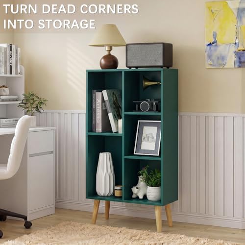 YAHARBO Small Dark Green Bookshelf,3 Tier Modern Kids Bookcase with Legs,5 Cube Wooden Bookshelves Storage Shelf,Book Sh