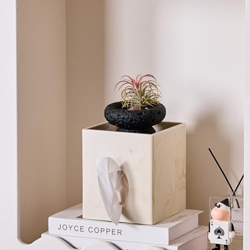 Beige Marble Look Square Tissue Box Cover with Storage Tray for Bathroom