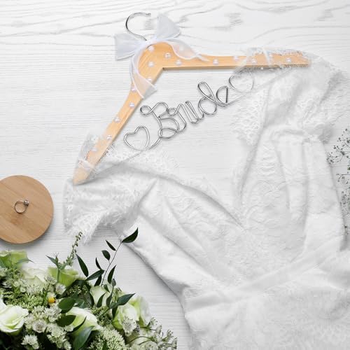 Honeydak Wood Bridal Hanger for Wedding Dress,Natural Silver,Pearl