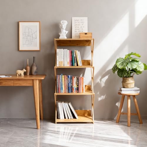 Aniston Bookshelf, 4 Tier Bamboo Bookcase with Back Panel, Standing Book Shelf for Small Space, Storage Shelves for Livi