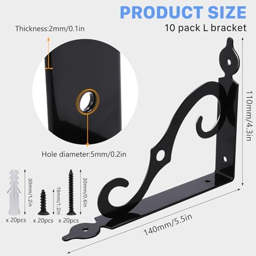 10 Pack Shelf Brackets, 5.4 Inch L Shape Shelf Bracket, Black