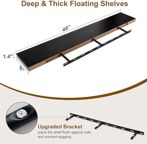 Black Floating Shelves 48 Inch Long, 8 Deep Floating Shelves for Wall, Rustic 48" Long Fireplace Mantel, Large 48 x 8 Wa