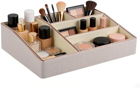 PU Leather Makeup Organizer Tray,Large Vanity Organizer,Cosmetic Storage Box for Lipstick Brushes Skincare Perfume,Cosme