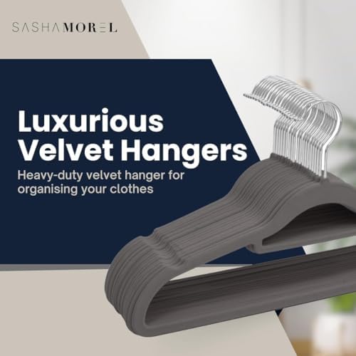 20 Pack Velvet Coat Hangers – Non Slip Velvet Hangers for Clothes, Space Saving Adult Hangers with Tie Organizer & Swivel Hooks – Clothes Hangers Wardrobe Storage - Grey