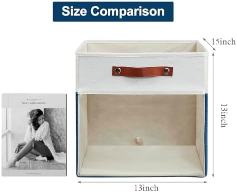 Bagnizer Storage Cubes, 4 Pack Linen Foldable Storage Bins with Clear Window and 2 Handles, 13x15x13 Storage Cube Bins for Shelf Closet, Kallax, Clothes, Books - (Navy Blue / Off-White)