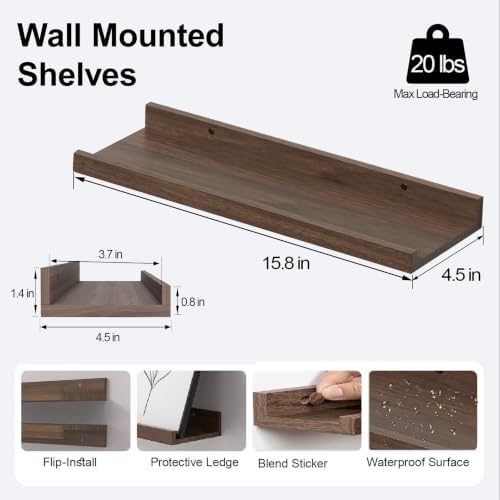 Walnut Floating Shelves for Wall Decor, 16 in Shelf with Lip, 2 Set
