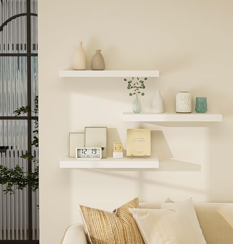 Vervida® White Floating Wall Shelves 24in Deep Set of 3 Modern 37 Lbs