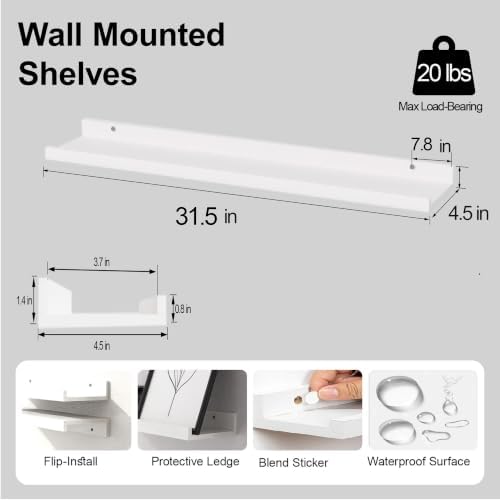 White Floating Shelves for Wall Decor, 32 in Shelf with Lip Set of 2