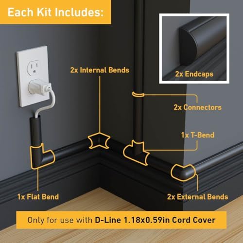 D-Line Medium Cable Raceway Accessory Pack, Join 1.18in x 0.59in Cord Cover Lengths, 10 Accessories Included, Hide Cords