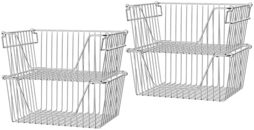 Slideep Large Stackable Storage Baskets Cabinet Organizer Sturdy Metal Wire Pantry Freezer Bin for Pantry Home Bathroom 