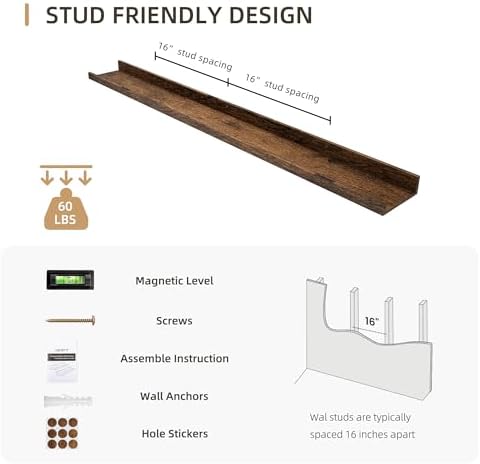 Acovy Picture Ledge Shelf, Wood, 48 inch, Brown, Set of 2