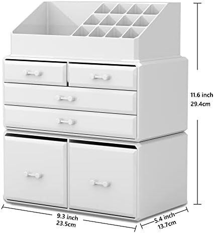 READAEER Makeup Organizer 3 Pieces Cosmetic Storage Case with 6 Drawers (White)