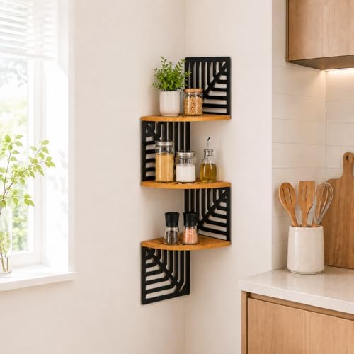 OYEFLY Floating Corner Shelf Wall Mounted Corner Shelves for Bathroom Bedroom Living Room Modern Geometric Metal Wood St