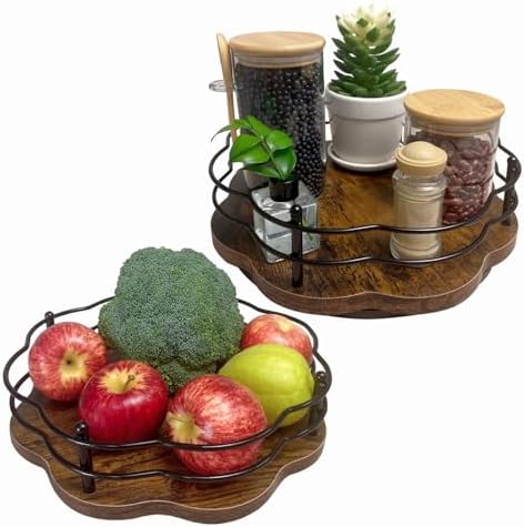 2 Pack, 11" & 12" Wooden Lazy Susan Turntable with Higher Metal Sides, 360° Rotating Lazy Susan Organization and Storage