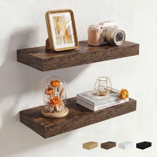Axeman 16Inch Floating Shelves for Wall, 2 Packs, Invisible Brackets, Brown