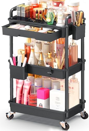 SUNALLY Makeup Cart Organizer with Drawer,3 Tier Rolling Makeup Cart, Black