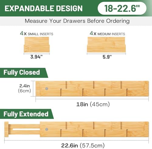 kiplant Kitchen Drawer Dividers - Adjustable Drawer Organizer for Clothes, Kitchen, Closet & Office - 4 Pack with Inserts, 18-22.6 Inches, Non-Slip Silicone Ends