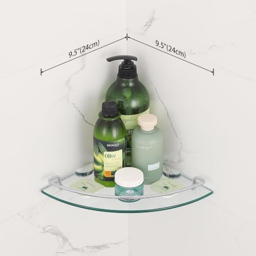 2 Ties Glass Corner Shelf with SUS 304 Stainless Steel Rail Chrome Finished, Esquinero para baños, Rustproof Tempered Gl