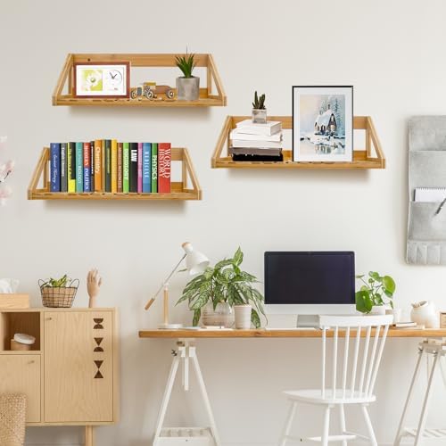 Floating Shelves Wall Mounted 3 Pcs Bamboo Wall Hanging Rack Holder