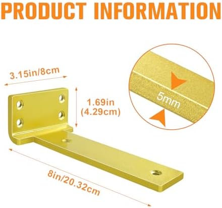 Gold Floating Shelf Brackets 8 inch 4 Pack L Brackets for Floating Shelves Metal Heavy Duty Shelf Bracket for DIY Shelvi