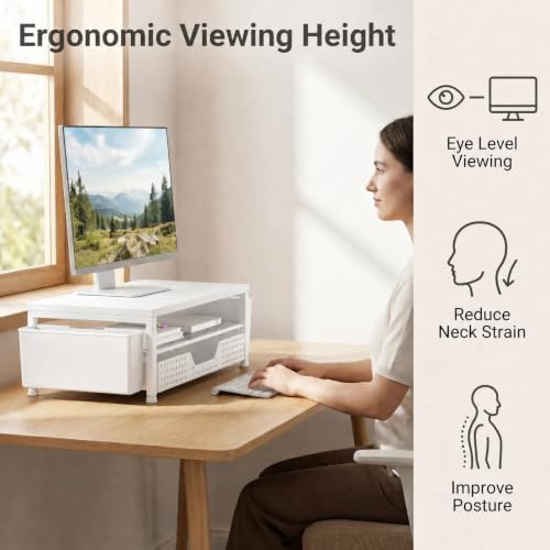 ECOLOVI Desk Organizer and Accessories, 2-Tier Computer Monitor Stand Rise with Storage Drawer & 2 Pen Holders, Laptop &