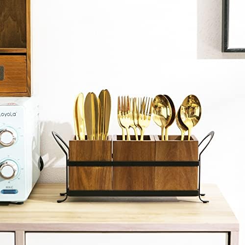 NelyBet Utensil Caddy Silverware Cutlery Holder with 3 Compartment, Wooden Utensil Crock Flatware Organizers with Metal 