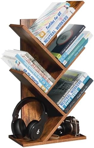 SHEEPAM Small Tree Book Shelf,5 Tier Bookshelf, Wood Desktop Bookcase