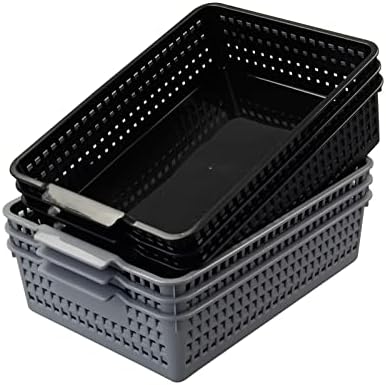 6 Pack Plastic Flat Storage Basket (3 Black + 3 Gray)