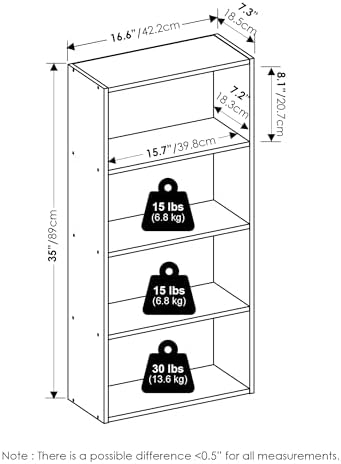 Furinno Basic Book Shelf, 4-Tier Bookcase with Open Shelf, Bookshelf, Cube Storage Organizer, 7 x 17 x 35, for Living Ro