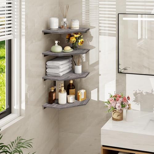 Homode Corner Shelf Wall Mount, Set of 4 Corner Floating Shelves with Cord Hole, Wall Shelf Organizer, Wood Hanging Stor