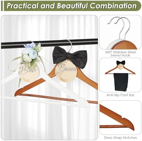 Bride & Groom Hanger - 2 Pack Personalized Name Tags, Dark & White Wood Bridal Dress Hanger, Ideal Keepsake for Wedding 