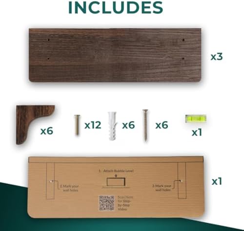 Real Wood Wall Mounted Shelving Rustic Wood Shelves with Brackets - 17 inch (3 Pack) - Easy to Install, Template and Vid