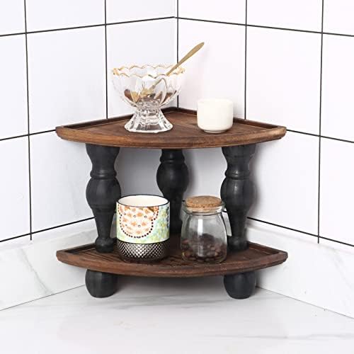 GoFika Small Corner Shelf Stand, 2 Tier Wooden Shelving Unit Black Riser, Vintage Corner Countertop Pedestal Stand Stack