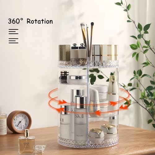 Rotating Makeup Organizer for Vanity Bathroom Countertop, 360 Spinning Skincare Organizer and Storage with Adjustable La
