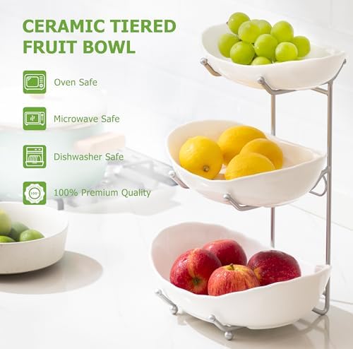 HBlife 3 Tier Fruit Bowl, Ceramic Fruit Basket for Kitchen Counter