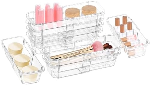 8 Pcs Medium Extendable Clear Drawer Organizer, All Adjustable Vanity Storage Box, 2-Size Desk Drawer Organizer, Acrylic Storage Bins for Makeup, Cosmetic, Bedroom Dressers Tool Organizer for Gadgets