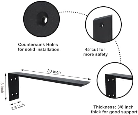 Countertop Support Bracket 6 Pack 20 inch Heavy Duty 3/8" Thick Black Granite Countertop Bracket 20"x8"x2.5" Shelf L Bra