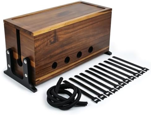 Large Wood Cable Management Box, Vintage Walnut Cord Organizer 14"