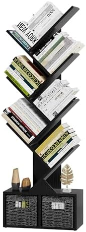 Vagusicc 6 Tier Tree Bookshelf with 2 Storage Cabinets, Tall Display Shelf Organizer for Books, Magazines, Home Decor, N